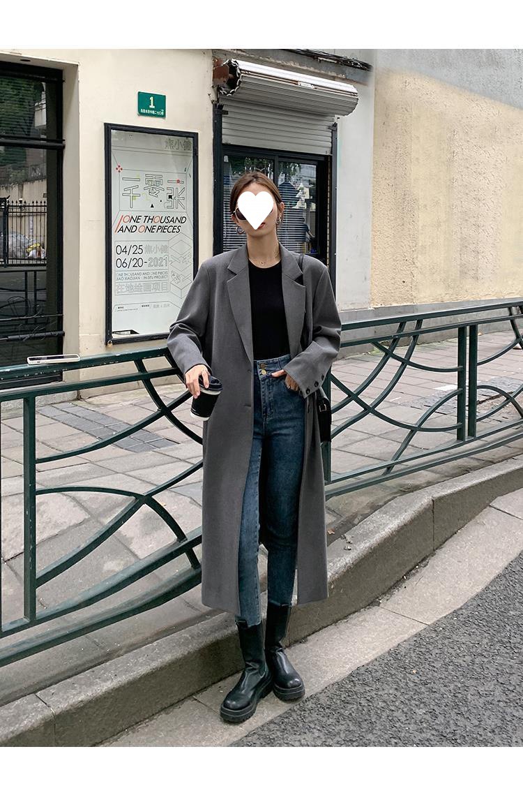 黑色中长款西装领风衣外套女2022年秋冬新款韩版休闲气质过膝大衣详情16