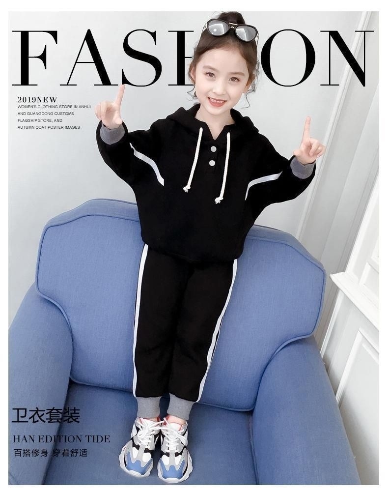 外贸加绒秋冬季2022新款儿童女童服装拼接连帽卫衣套装两件套批发详情3