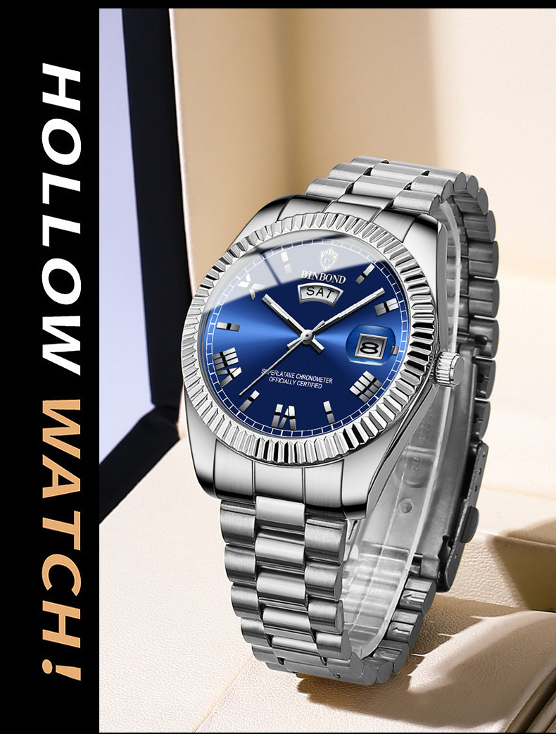 宾邦手表男士非机械表防水日志型时尚男表蓝色跨境情侣商务腕表详情14