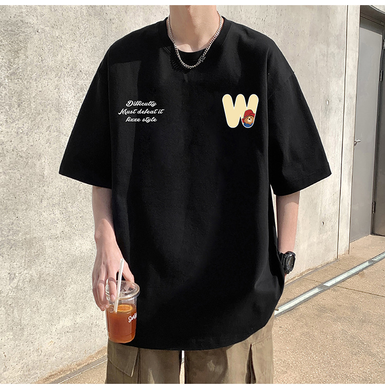Camiseta de manga corta de estilo americano de algodón pesado hombre verano 2024 nuevo oso estampado estado de moda puerto estilo chico camiseta pic 8