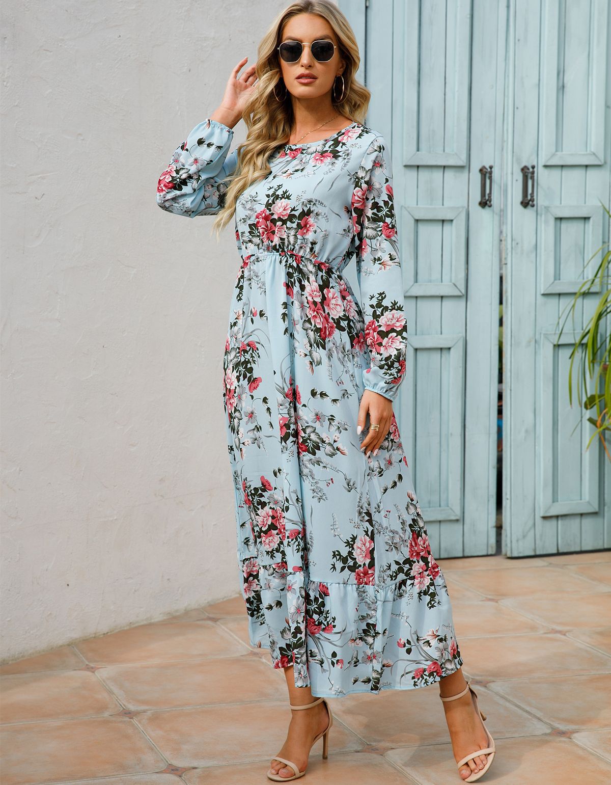 European and American floral long, round-neck, long-sleeved, waist-cinching and slimming dress pic 15