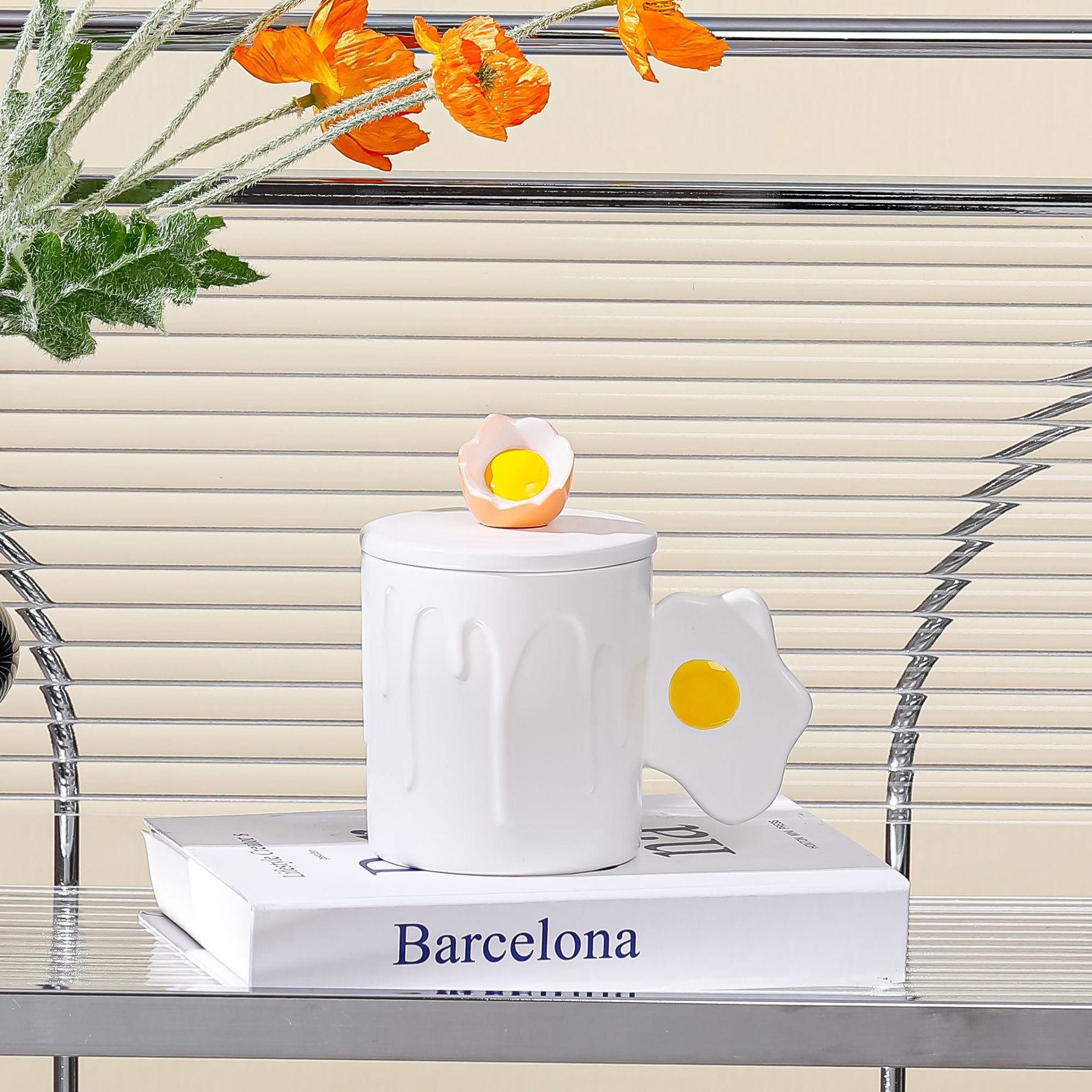 Home student ins cute cartoon macaron-colored ceramic Morandi egg mark drinking cup with lid and spoon pic 8