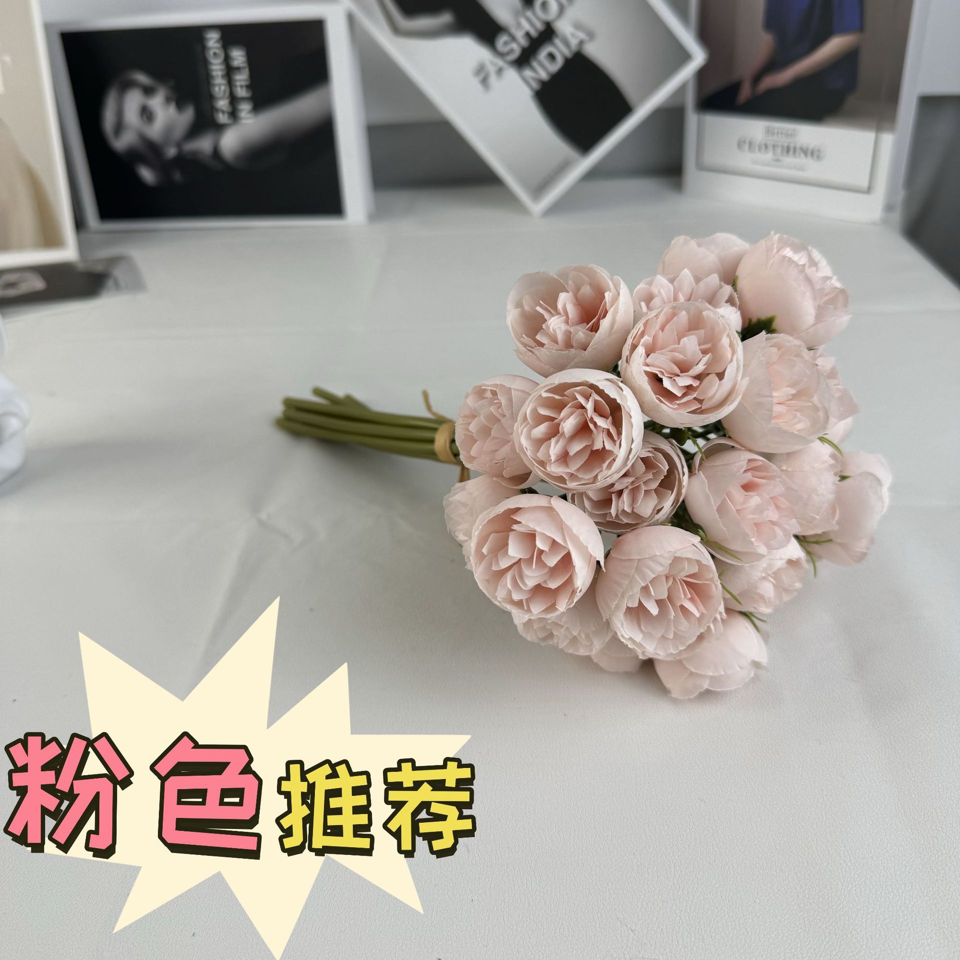 爆款仿真27头玫瑰手扎仿真花茶花小玫瑰手捧花假花套装家居摆件详情2
