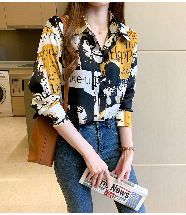 Hong Kong-style printed shirt for women, a niche design, a new 2020 early autumn style, stylish and retro Hong Kong-style chiffon long-sleeved top pic 15