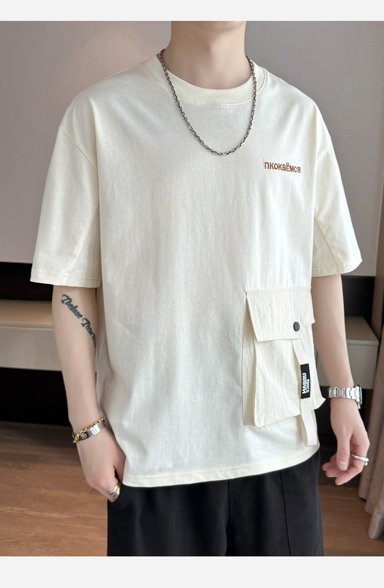 2024 Summer new short-sleeved T-shirt, thin, simple pocket, round neck, fashionable and trendy brand clothing, cool loose top pic 10