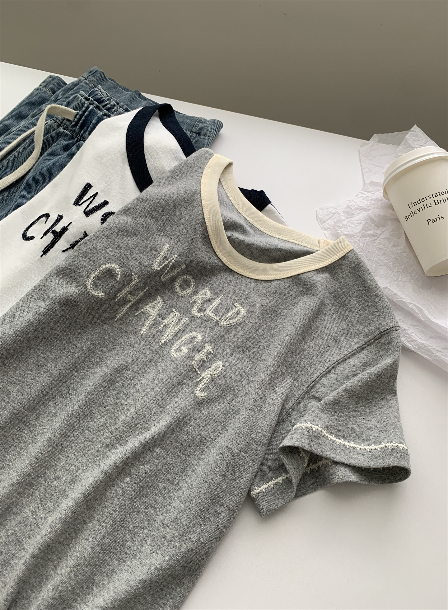 Summer thin, breathable snowflake cotton letter-shaped T-shirt for women, color-blocking round-neck lace embroidered loose short-sleeved top pic 15