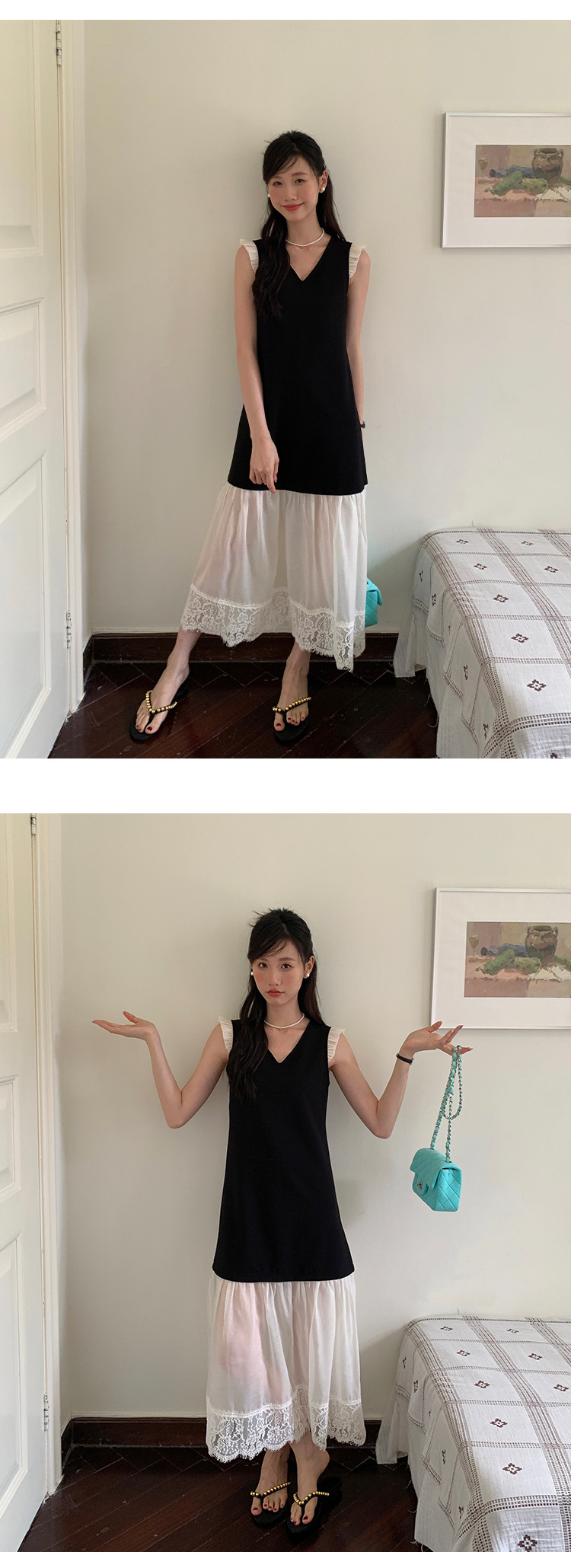 爱西里2024夏季法式温柔蕾丝拼接小黑裙欧根纱撞色连衣裙女11210详情13