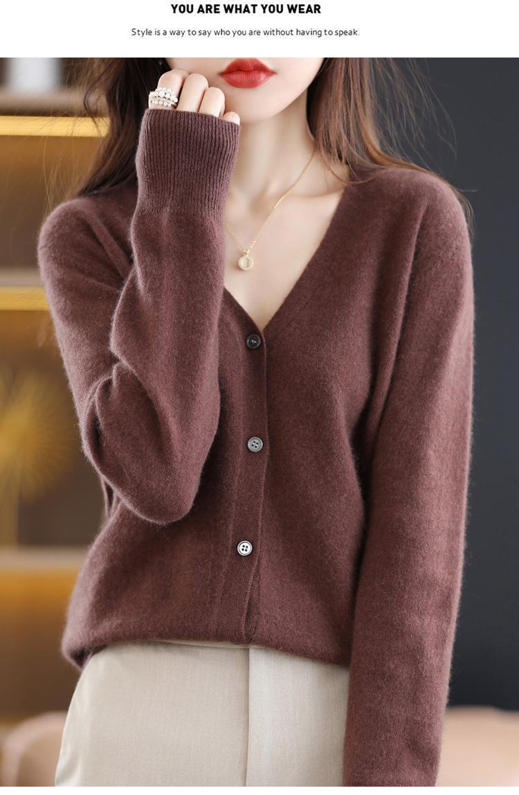 New Spring and autumn knitted cardigan for women, V-neck loose short solid color long-sleeved versatile sweater coat made of wool blend pic 62