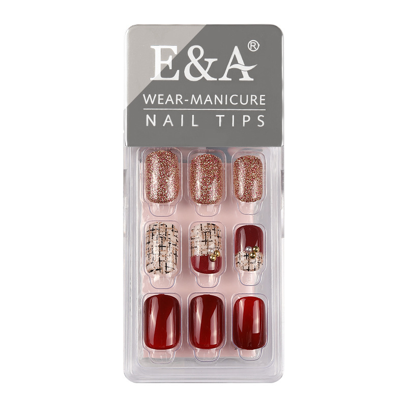 Wholesale of pure handcrafted wearable nail products. Autumn short nail art wearable style with a high-end feel, diamond false nails, China Red, exclusively for foreign trade pic 14