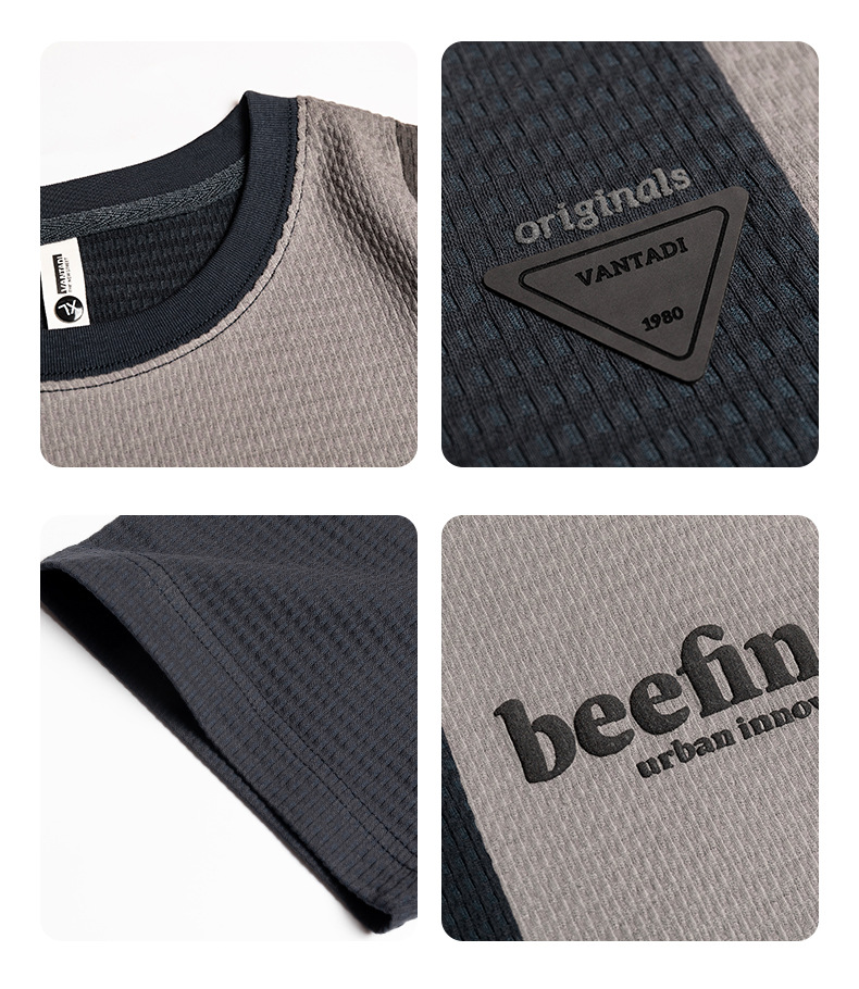 Summer Waffle short-sleeved T-shirt for men, loose round neck, color-blocked trendy brand, Japanese retro half-sleeved men pic 12