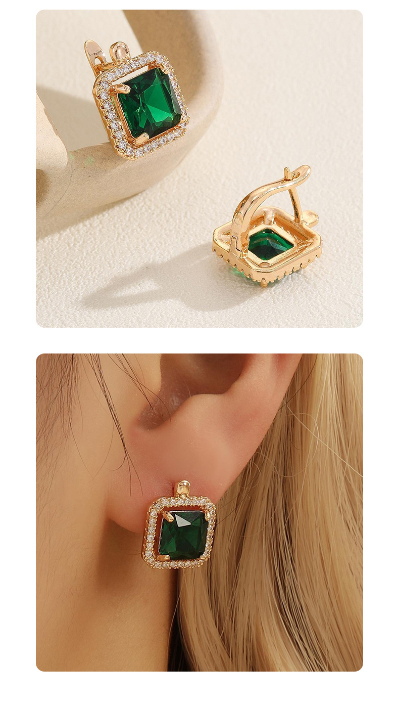 时尚祖母绿宝石微镶锆石耳钉小巧复古轻奢几何方形锆石耳环耳饰详情9