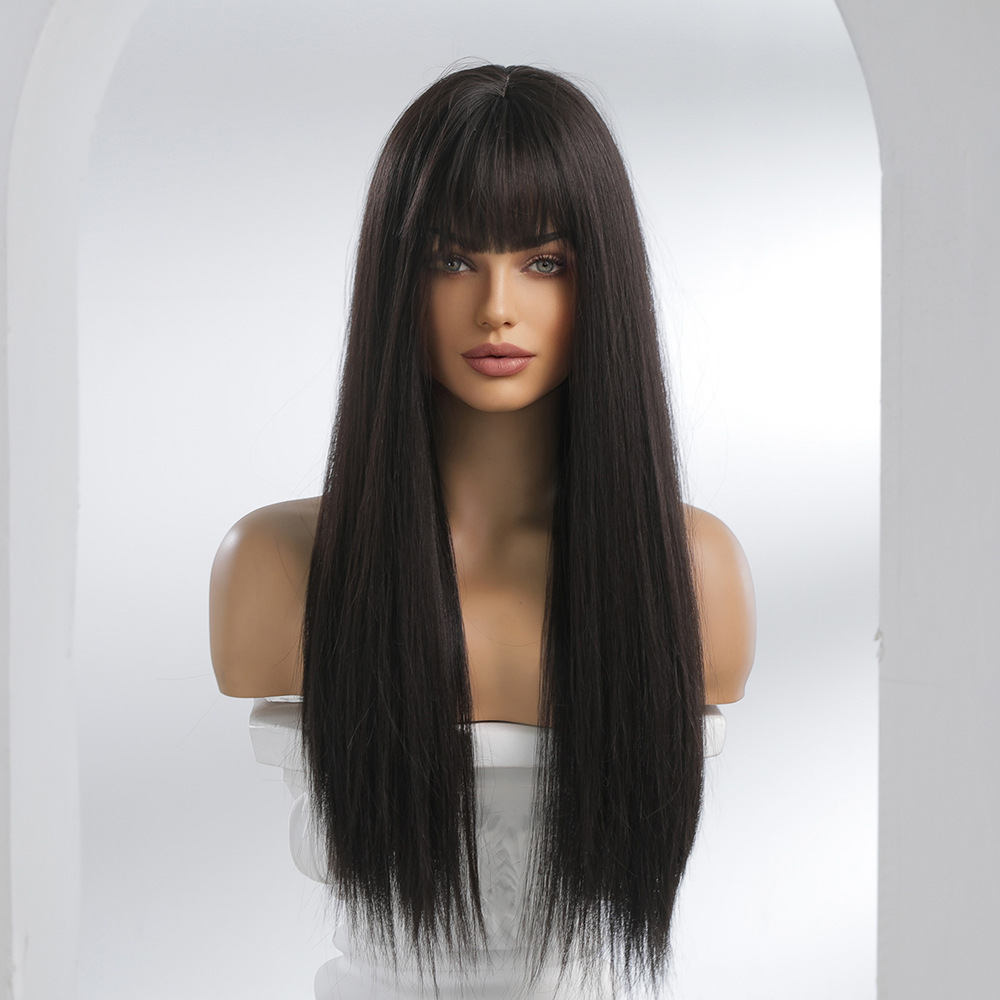 Female long hair wig, Internet celebrity style, Korean-style black long straight realistic natural wig, full head cover, machine-made chemical fiber wholesale pic 2
