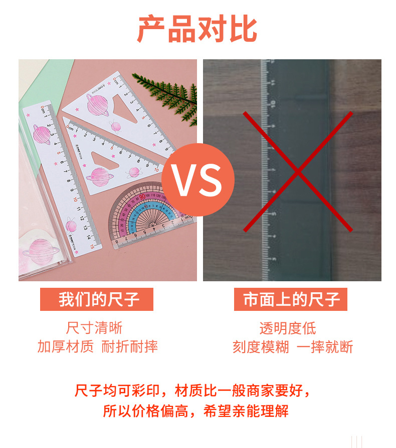 2021 New style cartoon student ruler set 20cm straight ruler, set square, protractor, color-printed ruler pic 4