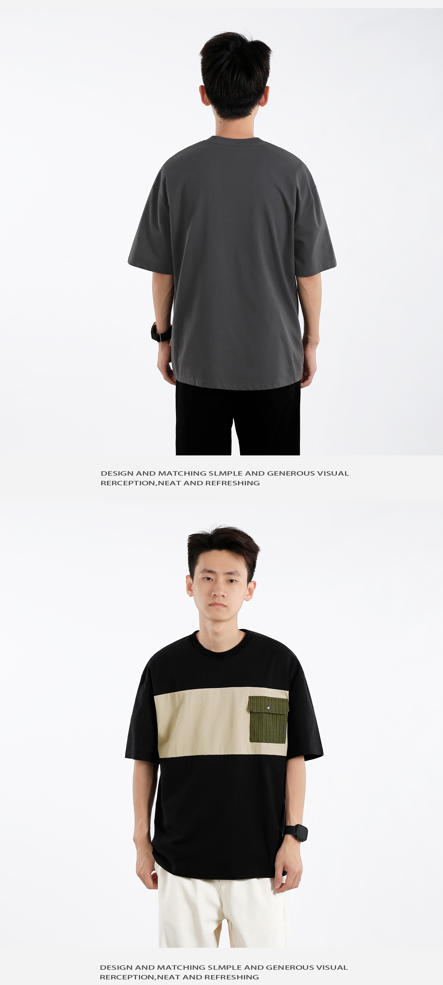 Pocket design, color-blocking short-sleeved T-shirt for men, loose, casual and versatile in summer, round-neck breathable half-sleeve pic 7