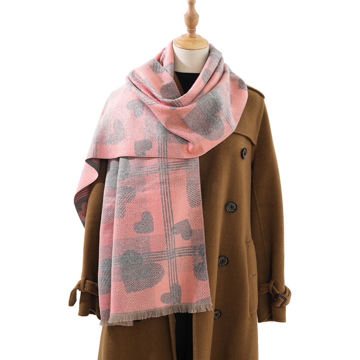 跨境冬季韩版爱心格子女围巾高级感高品质仿羊绒双面围脖加厚保暖详情2