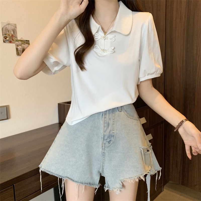 正肩Polo领短袖T恤女夏季大码胖mm显瘦新中式国风上衣泡泡袖小衫详情6