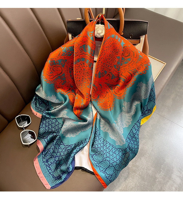 A classic blue and orange large flower 110 faux silk scarf with a large square scarf and a shawl on the outside. A girl gives it to her mother pic 34