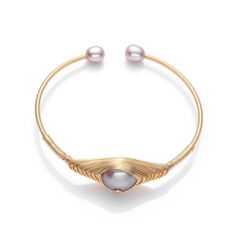 Japanese and Korean style natural freshwater pearl 14K gold-plated open bracelet, single large purple pearl peacock wound bracelet for women pic 7
