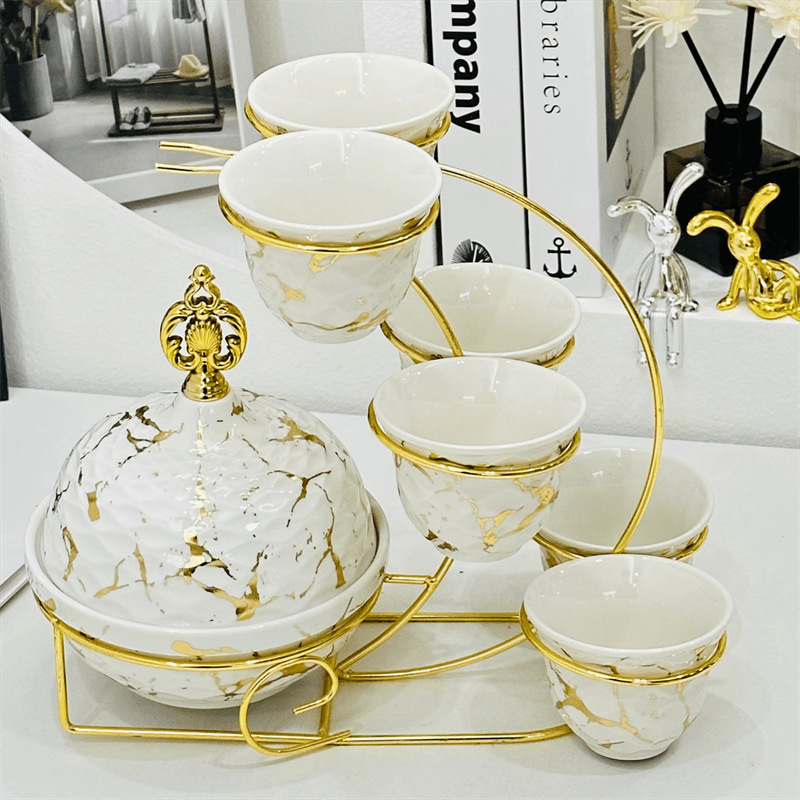 Light luxury home furnishings: multi-compartment fruit plate, European-style white gold ceramic tea cup, tea tray, dessert print, covered bowl, golden castle vase pic 5