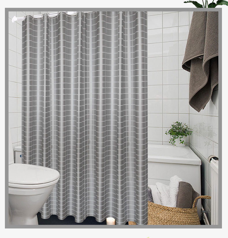 厂家热销新品爆款防水浴帘灰底格子涤纶浴帘卫生间隔断帘送挂钩详情3