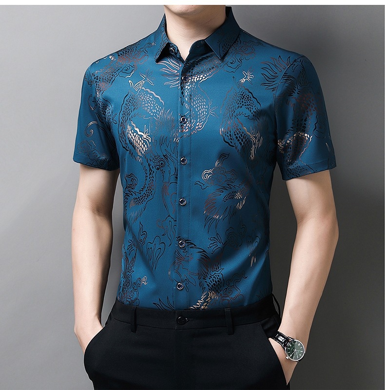 2024 verano de los hombres dragon print shirt fino estilo transpirable moda casual hielo seda fresca manga corta una pieza de reemplazo de cabello pic 14