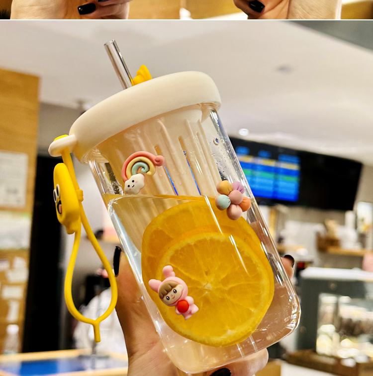 夏季新款高硼硅玻璃杯茶水分离柠檬杯可爱风水杯女生便携吸管杯子详情12