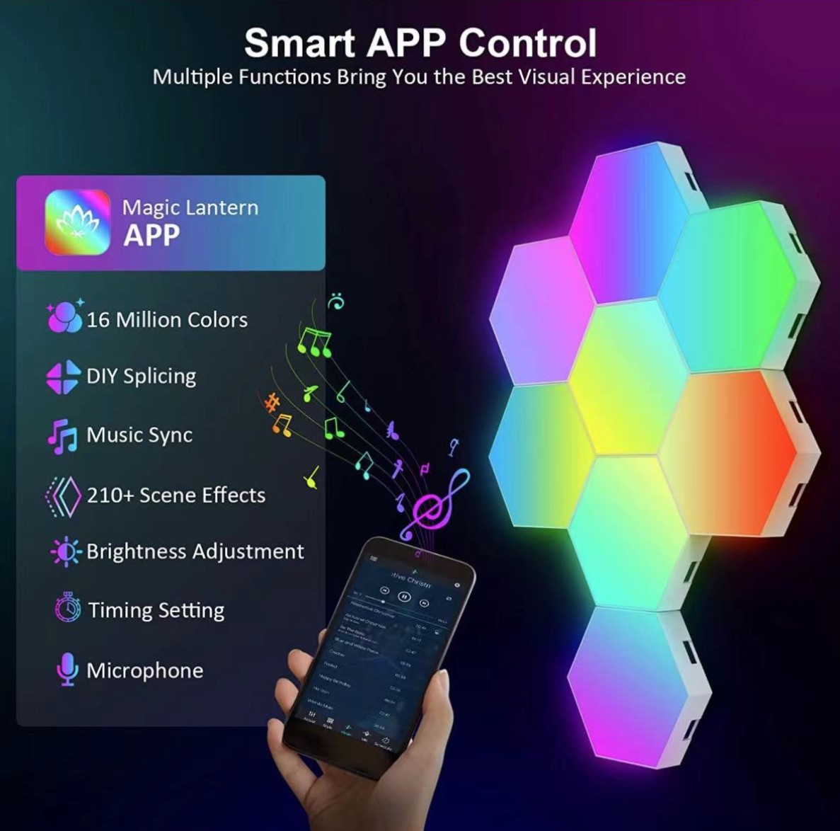 مصابيح التحكم في الصوت الصوتية والمصابيح التحكم في إيقاع الموسيقى (RGB) ذات الألوان المتطابقة، ومصابيح الكم الذكي pic 1