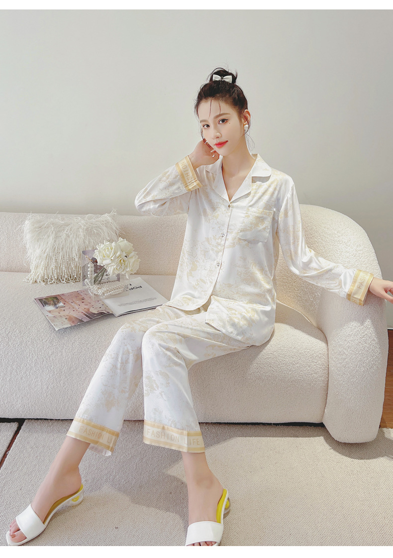 2023春季新款情侣睡衣女印花冰丝长袖长裤套装可外穿男士家居服夏详情14