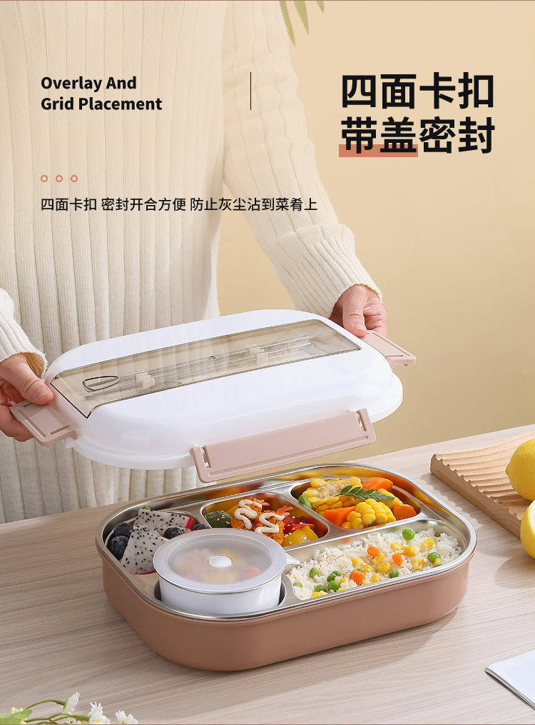 304不锈钢饭盒学生女5格大号保温便当盒大容量上班男餐盘便携餐盒详情5