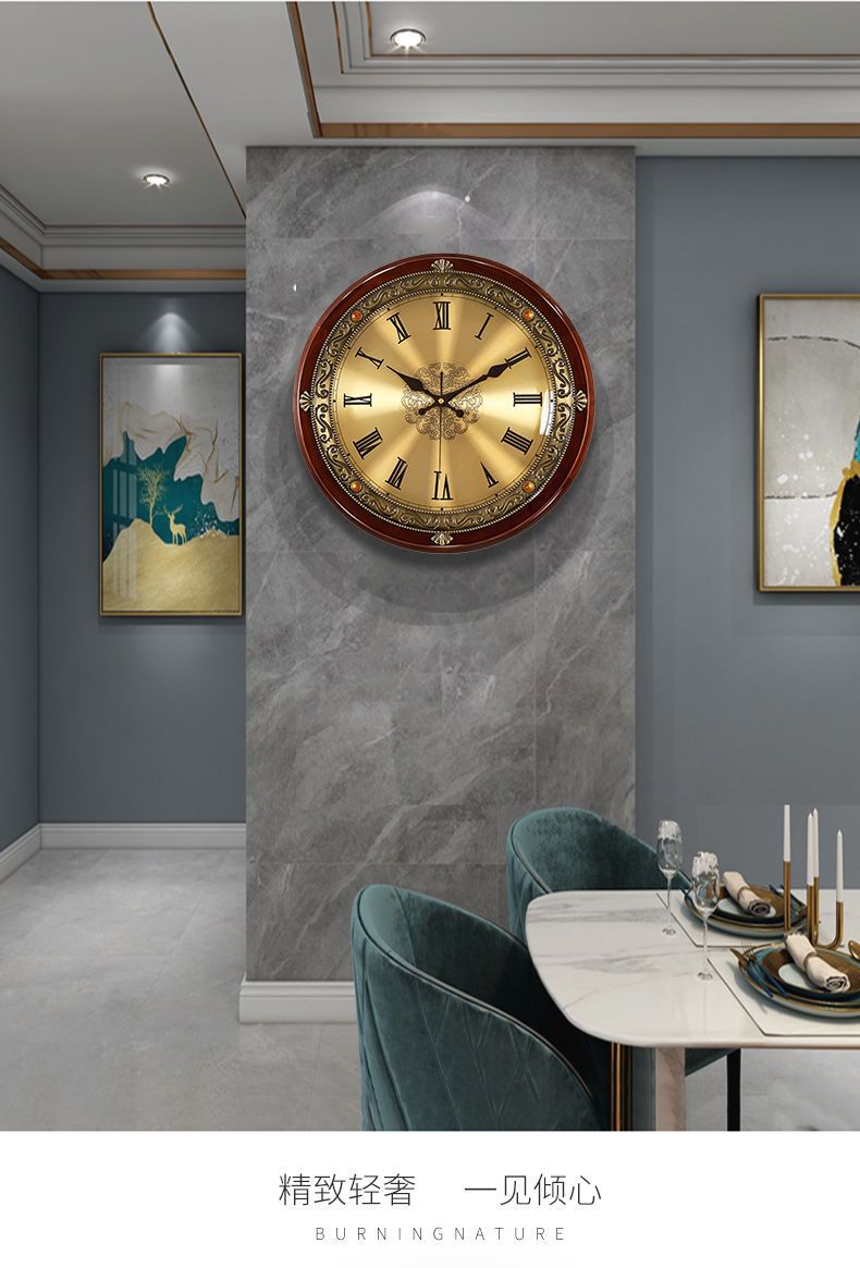 实木挂墙挂钟客厅欧式家用时钟美式轻奢卧室挂表时尚大气石英泓小详情12