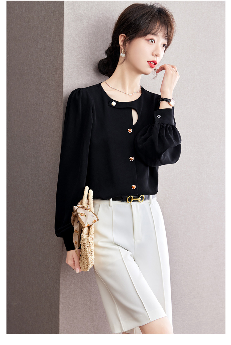 法式小众复古镂空衬衫女2024年春秋季新款不规则设计感泡泡袖上衣详情7