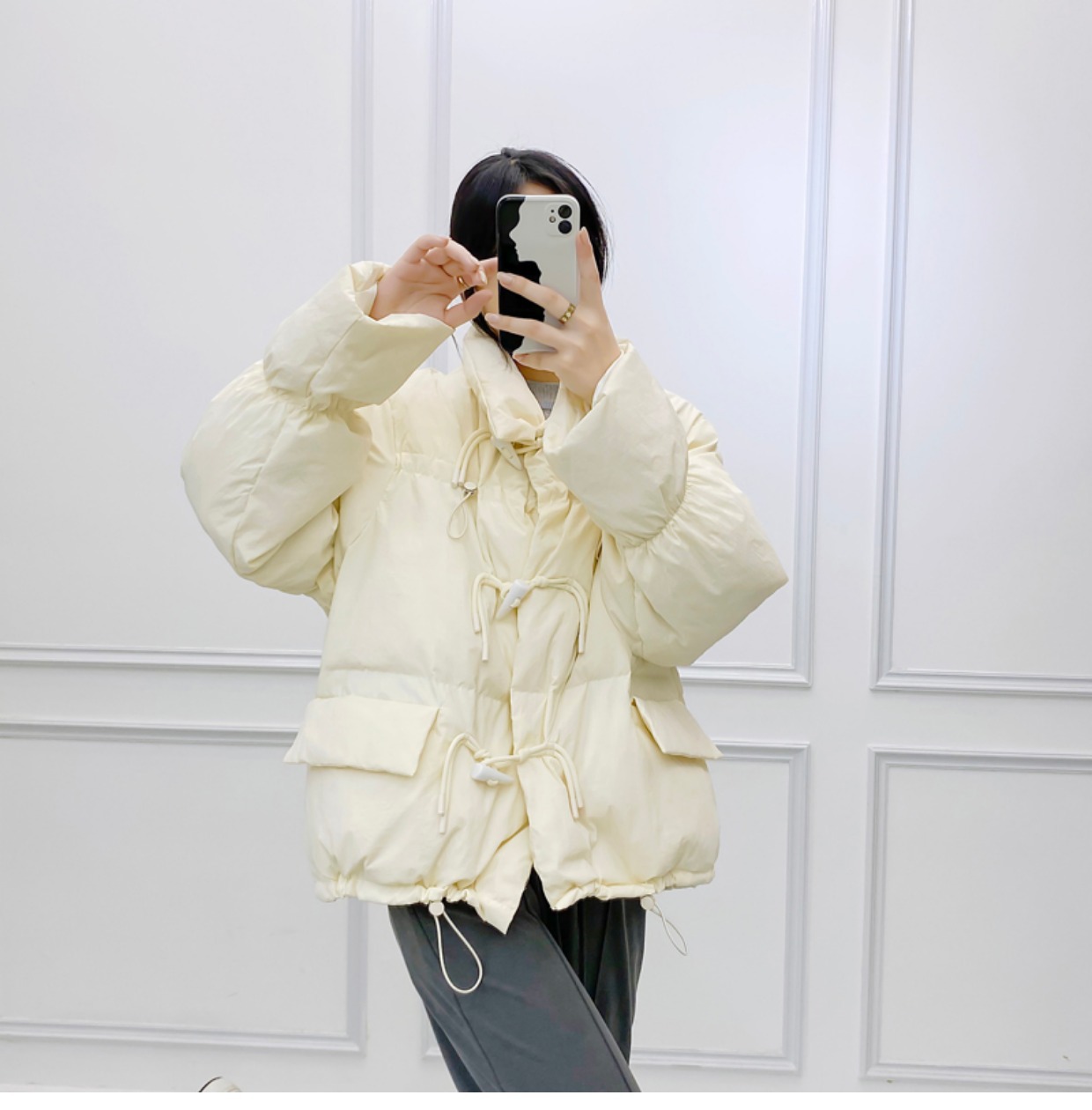 韩系仙女牛角扣羽绒服女洋气短款新款韩版宽松白鸭绒面包服外套潮详情16