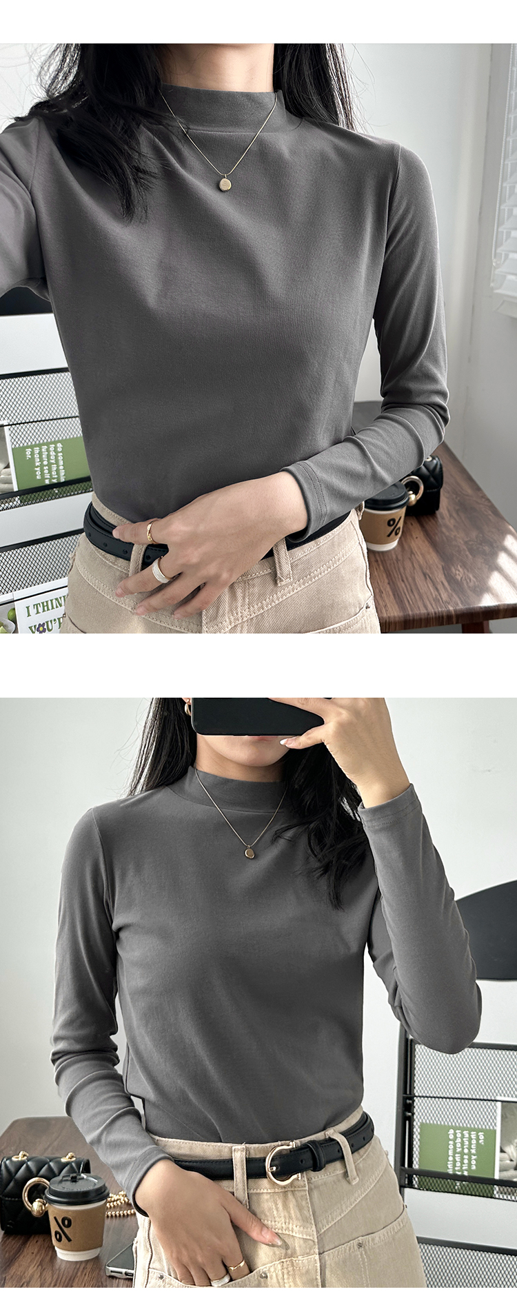 深灰色打底衫内搭小立领棉长袖t恤女黑色半高领初秋早秋上衣女潮详情8
