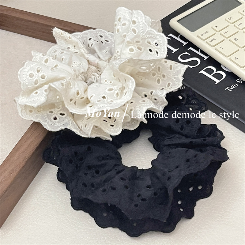 French retro atmosphere lace large intestine hair tie, popular embroidery with hollowed-out patterns and ruffled edges, hair accessory and hair band pic 5
