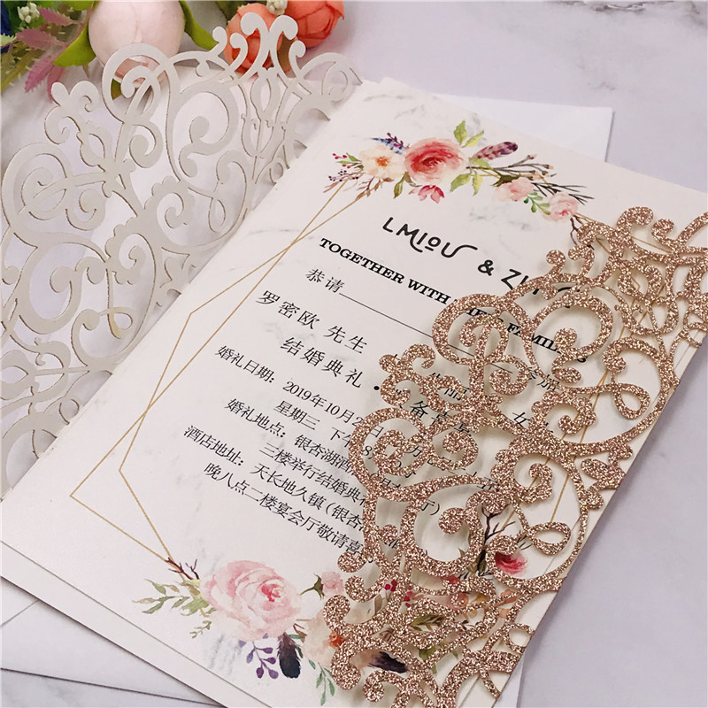 Customized wedding invitations, festival greeting cards and wedding invitations made of multi-color golden scallion powder, super flash material, hollowed-out card paper pic 14