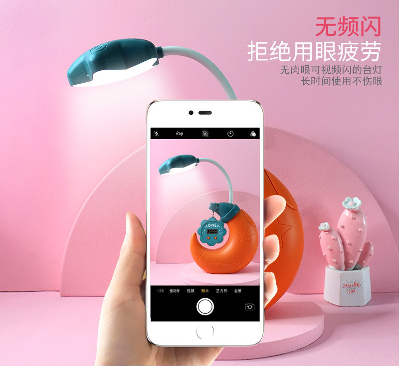 New cartoon moon LED pen holder desk lamp with clock, mirror, pencil sharpener, student charging, night light and logo printing pic 8