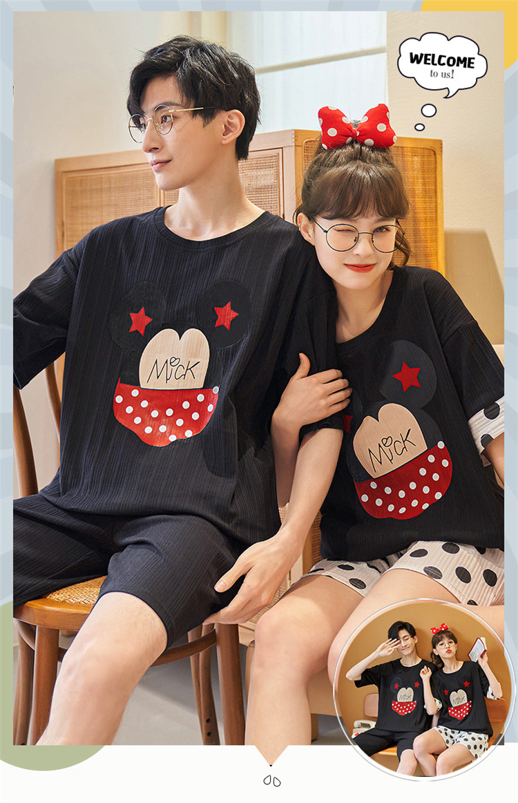 Novedades pareja manga corta pantalones cortos pijamas mujer verano slim algodón peinado hombre traje de hogar suelto casual cartoon pic 62