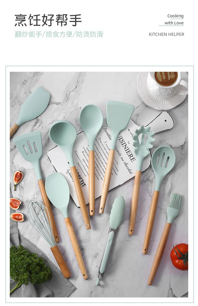【 Cross-border 】 12-piece silicone kitchen cooking set, non-stick pan spatula and spoon storage, 11-piece silicone large bucket pic 3