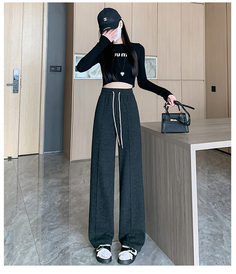灰色直筒裤女秋冬裤子2024新款人字纹毛呢裤长裤羊羔绒窄版阔腿裤详情30