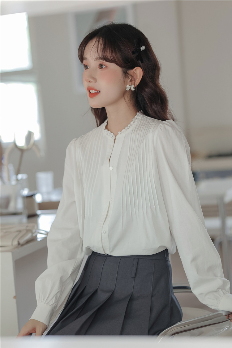 2024秋季新款韩版法式v领蕾丝衬衣女设计感褶皱长袖衬衫宽松上衣详情12