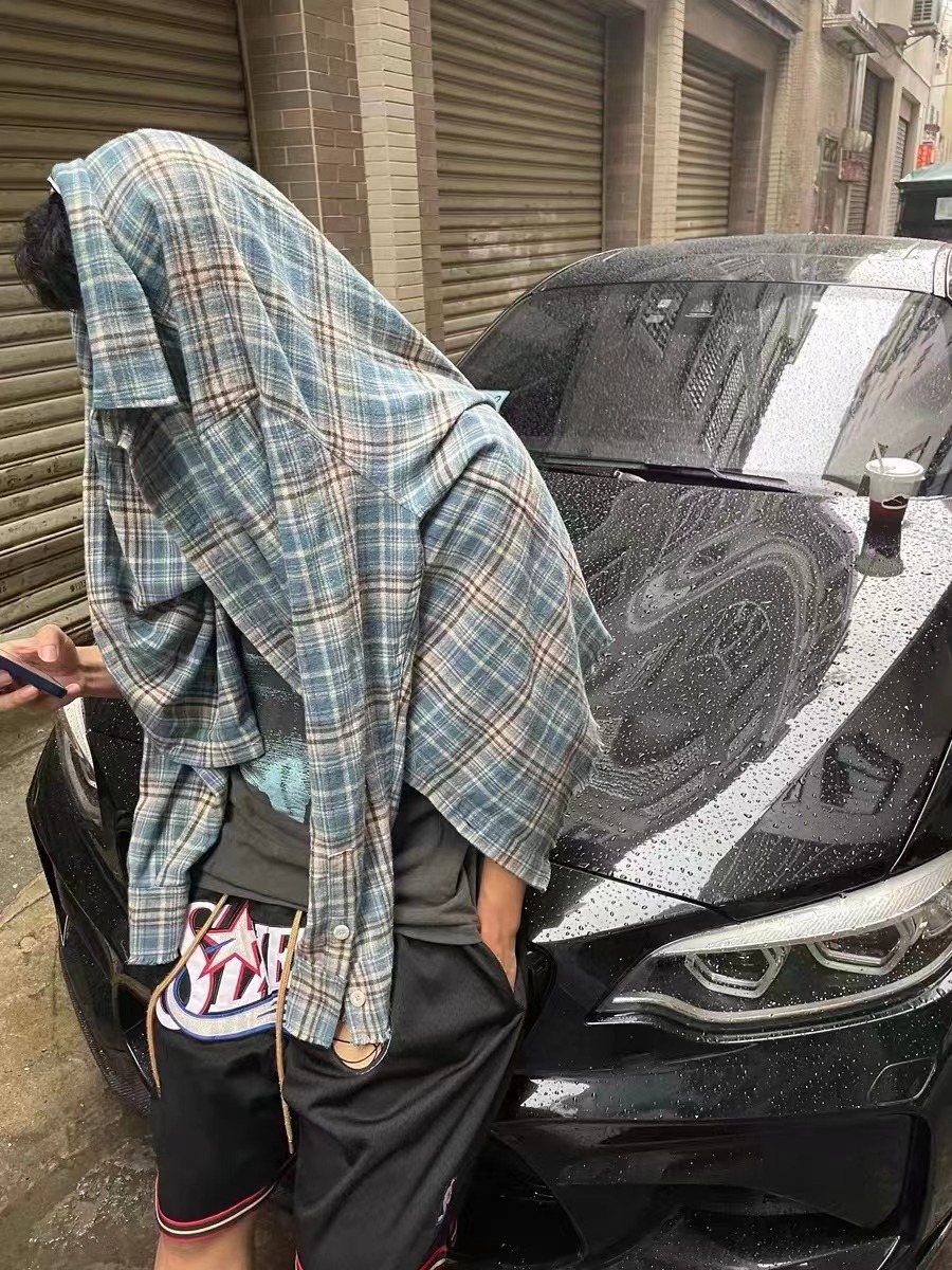 高货复古格纹法兰绒流苏破坏格子衬衫cleanfit设计感男女春季上衣详情4