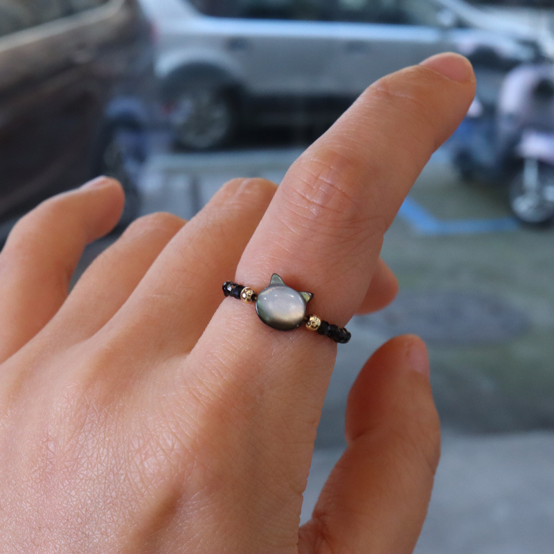 Natural black butterfly shell, extremely fine black spinel, kitten ring, crystal, black crystal, personalized bead string, ring and bracelet pic 7