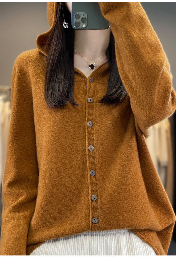 女士连帽100羊毛衫开衫百搭秋冬新款纯色一线成衣潮卫衣针织外套详情33