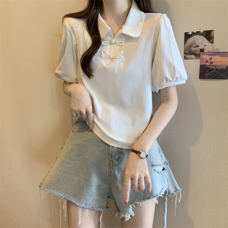 正肩Polo领短袖T恤女夏季大码胖mm显瘦新中式国风上衣泡泡袖小衫详情3