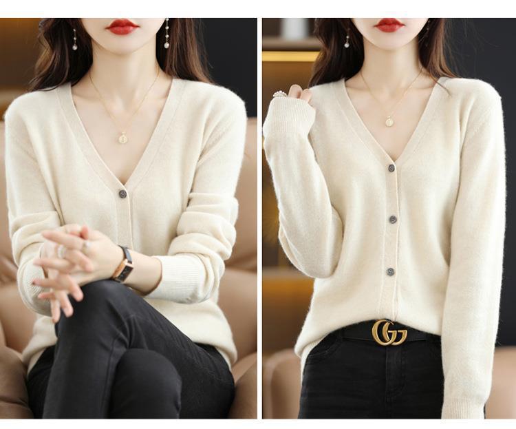 New Spring and autumn knitted cardigan for women, V-neck loose short solid color long-sleeved versatile sweater coat made of wool blend pic 37
