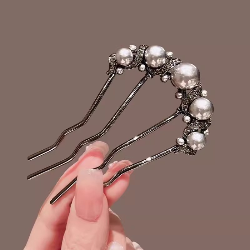 New Chinese-style bun hair hairpin, pearl four-toothed comb hairpin, U-shaped hairpin, elegant updo, hair comb pic 19