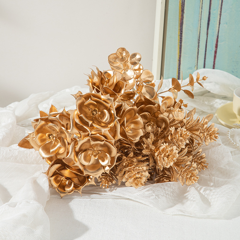 金色系仿真花尤加利银杏叶金色假花家居装饰婚礼堂布置塑料花批发详情4