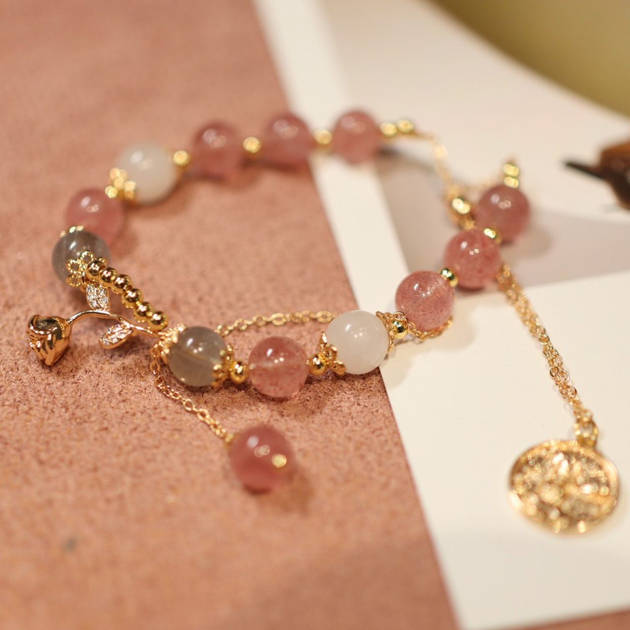 Natural strawberry crystal beaded bracelet, Little Prince and rose pendant bracelet, niche design sense jewelry pic 16