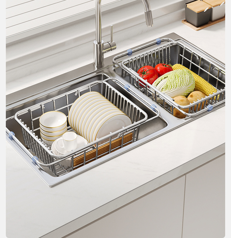 Kitchen sink, washing basin, retractable storage rack, stainless steel sink, draining basket, dish storage rack, kitchenware pic 22