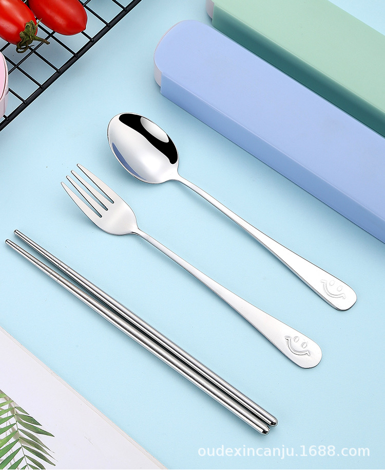 Advertising gift stainless steel tableware smiling face set, three-piece set of spoons, forks and chopsticks, customized tableware set for travel and outdoor activities pic 9